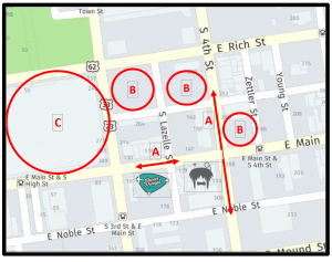 Red circles highlight the lots that are best to use for parking when visiting Pecan Penny's