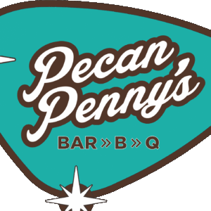 Teal, brown and white Pecan Penny's Bar B Q logo with navistar guides